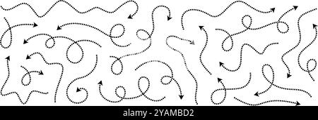 Comic dotted thin arrow set. Wavy curved dashed pointer collection. Squiggle sketchy direction lines. Dots squiggle loop stripe design elements bundle for flyer, poster, brochure, banner. Vector Stock Vector