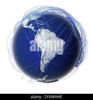 Earth with relief stylized continents surrounded by a wired network, symbolizing the world aviation traffic, which is based on real data on the carria Stock Photo