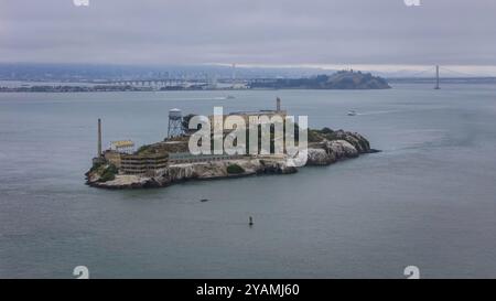 Aerial view of United States Penitentiary, Alcatraz Island, shows a historic maximum-security prison on a small island off San Francisco. Built in 191 Stock Photo