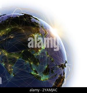 Highly detailed planet Earth on a white background, lit by the rising sun, with embossed continents, illuminated by light of cities, translucent and r Stock Photo