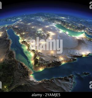 Highly detailed Earth, illuminated by moonlight. The glow of cities sheds light on the detailed exaggerated terrain. Night Earth. Saudi Arabia. Elemen Stock Photo