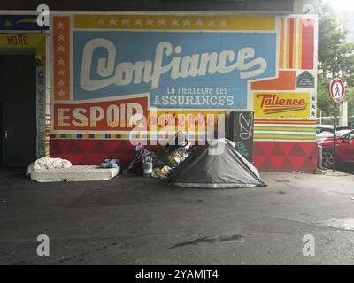 Jul 26, 2024-Paris, FRA, During the 2024 Summer Olympics, homeless Parisians create makeshift homes and leave trash and debris in streets and underpas Stock Photo