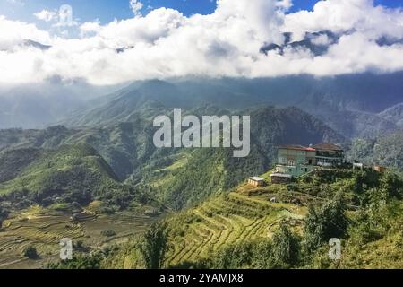 SAPA, VIETNAM, NOVEMBER 16: Amazing view on mountains, rice terrace and Haven Sapa hotel at November 16, 2016 in Sapa, Vietnam, Asia Stock Photo