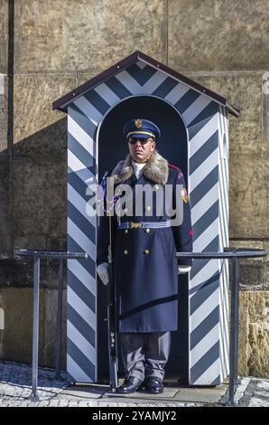 PRAGUE, CZECH REPUBLIC, FEBRUARY 15: Serviceman from the Prague Castle Guard on the post of the guard of honor at February 15, 2019 in Prague, Czech R Stock Photo