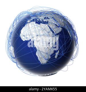 Earth with relief stylized continents surrounded by a wired network, symbolizing the world aviation traffic, which is based on real data on the carria Stock Photo