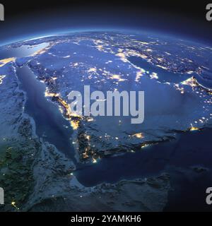 Night planet Earth with precise detailed relief and city lights illuminated by moonlight. Saudi Arabia. Elements of this image furnished by NASA Stock Photo