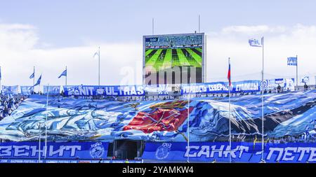 SAINT-PETERSBURG, RUSSIA, AUGUST 1: Fans of Football Club Zenit at the match of Championship of Russia on August 1, 2015 in Saint-Petersburg, Russia, Stock Photo