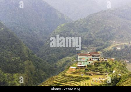 SAPA, VIETNAM, NOVEMBER 16: Amazing view on mountains, rice terrace and Haven Sapa hotel at November 16, 2016 in Sapa, Vietnam, Asia Stock Photo