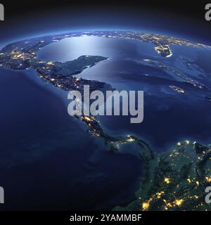 Night planet Earth with precise detailed relief and city lights illuminated by moonlight. The countries of Central America. Elements of this image fur Stock Photo