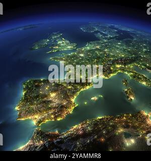 Highly detailed Earth, illuminated by moonlight. The glow of cities sheds light on the detailed exaggerated terrain and translucent water of the ocean Stock Photo