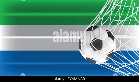 Soccer or Football ball in Goal Net Isolated on Sierra Leone Shaded Flag, Sports Accessory Equipment for Playing Game, Championship and Competition Stock Vector