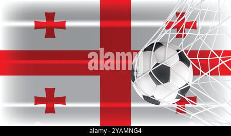 Soccer or Football ball in Goal Net Isolated on Georgia Shaded Flag, Sports Accessory Equipment for Playing Game, Championship and Competition Design Stock Vector