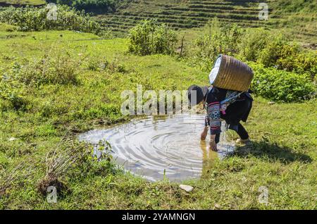 SAPA, VIETNAM, NOVEMBER 16: Vietnamese female from Hmong ethnic minority group in national dress hiking in mountains at November 16, 2016 in Sapa, Vie Stock Photo