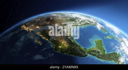 Highly detailed Earth with atmosphere, exaggerated relief and light-flooded cities. Transition from night to day. North America. Mexico. 3D rendering. Stock Photo