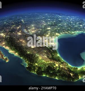 Highly detailed Earth, illuminated by moonlight. The glow of cities sheds light on the detailed exaggerated terrain. North America. Mexico. Elements o Stock Photo