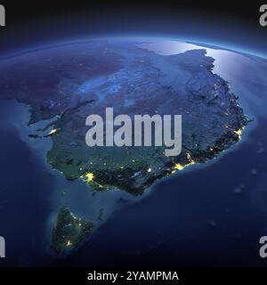 Night planet Earth with precise detailed relief and city lights illuminated by moonlight. Australia and Tasmania. Elements of this image furnished by Stock Photo