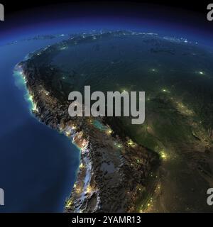 Highly detailed Earth, illuminated by moonlight. The glow of cities sheds light on the detailed exaggerated terrain and translucent water of the ocean Stock Photo