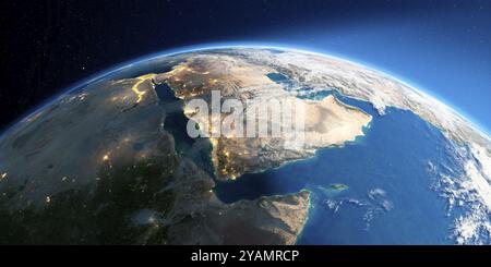 Highly detailed Earth with atmosphere, exaggerated relief and light-flooded cities. Transition from night to day. Saudi Arabia. 3D rendering. Elements Stock Photo