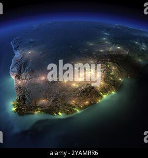 Highly detailed Earth, illuminated by moonlight. The glow of cities sheds light on the detailed exaggerated terrain and translucent water of the ocean Stock Photo