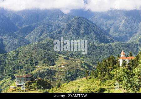 SAPA, VIETNAM, NOVEMBER 16: Amazing view on mountains, rice terrace and Haven Sapa hotel at November 16, 2016 in Sapa, Vietnam, Asia Stock Photo