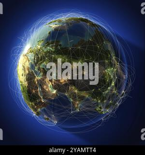 Highly detailed planet Earth at night, lit from behind the evening sun, with embossed continents, illuminated by light of cities, translucent and refl Stock Photo
