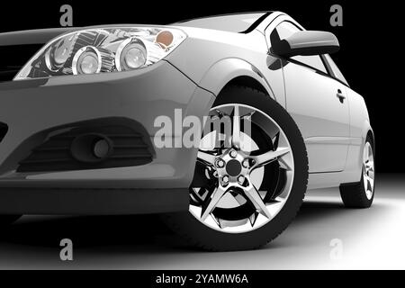 Car front bumper, light and wheel on black. Detail Stock Photo