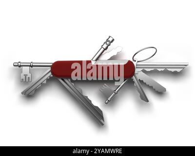 Creative metaphor of universal keys from the estate in a single tool based on the Swiss army pocket knife Stock Photo