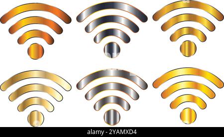 Luxury wifi icon logos set with golden and silver color isolated on transparent white background Stock Vector