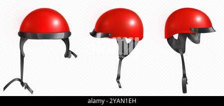 Red retro motorcycle and scooter helmet for head safety. Realistic 3d vector illustration set of side and front view on biker protection helm. Simple classic open face motorcyclist headwear mockup. Stock Vector