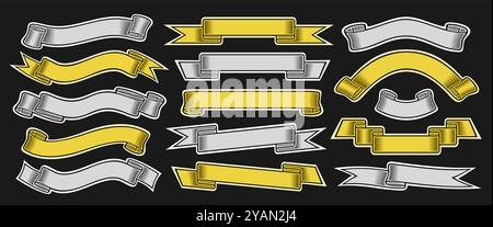 Vector Ribbon Banners Set, collection of isolated illustrations horizontal elegant ribbons for slogan, group of 15 various ribbons with copy space, gr Stock Vector