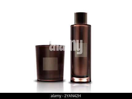 Aromatic home decoration elements - cylinder candle in brown glass with wick and scented perfume in bottle. Realistic 3d vector illustration set of aromatherapy and spa candlestick container. Stock Vector