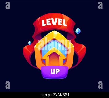 Level up game reward, rate icon for gaming interfaces and platforms. Cartoon vector pop up badge features arrow on golden shield with red ribbon, symbolizing progress, achievement player and rewards Stock Vector
