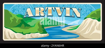 Artvin Turkey province vintage plate with nature landscape scenery. Vector travel destination sign. Retro board, signboard of touristic Turkish landmark plaque, Coruh River near the Deriner Dam Stock Vector