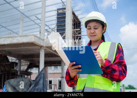 Woman engineer working at site of a large building project, Engineers holding blueprint project working outdoors building side with blueprints on a wo Stock Photo