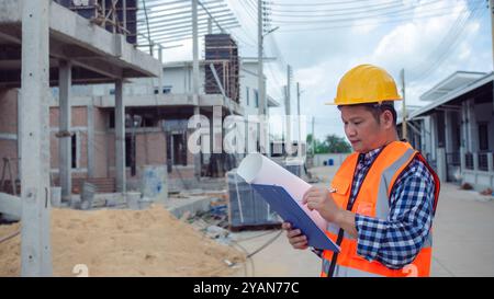 Man engineer working at site of a large building project, Engineers holding blueprint project working outdoors building side with blueprints on a work Stock Photo