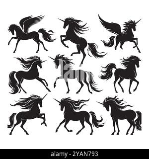 Set of unicorn silhouette vector on white background Stock Vector