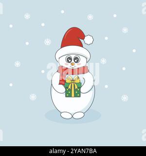 Cute Christmas snowman wearing Santa hat and striped scarf, holds a small gift box decorated with a ribbon and bow. Cartoon style vector illustration. Stock Vector