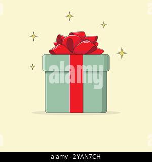 Green gift box decorated with red ribbon and bow on top. A gift for Christmas, Birthday, New Year, Valentine's Day. Cartoon style vector illustration. Stock Vector