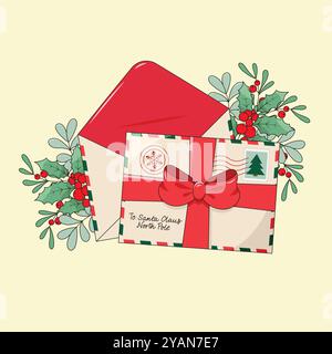 Envelopes with letter inside for Santa Claus with handwritten address to North Pole, stamps and seals, decorated with ribbon and holly branches. Stock Vector