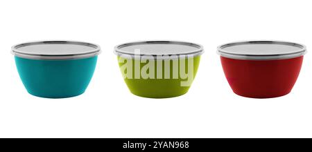 Disposable three plastic lunch box container isolated on white background. Plastic container isolated. Single-use plastic packaging Stock Photo