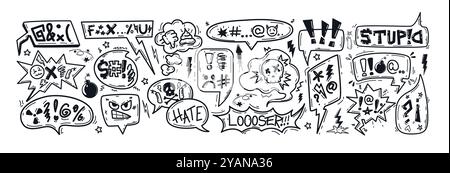 Hand drawn doodle comic speech bubbles with swearwords, expletives, insults and curses. Angry cuss words in talk frame, dialogue box, chat balloon. Negative expressions, furious mood with grumpy emoji Stock Vector