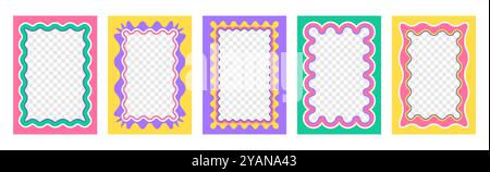 Vector set of colorful rectangular frames with scallop edges. Squiggle photo borders with zig zag edge. Wiggly groovy shapes, funky geometric text box frameworks or curvy mirrors with jagged borders Stock Vector