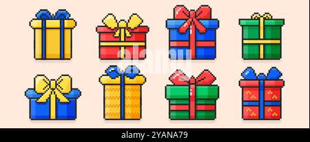 Pixel art happy birthday colorful gift boxes set with ribbon bows. Pixelated y2k trendy icons of present packages with bowknots in 8bit retro style. Holiday packaging for bday party or surprise event Stock Vector