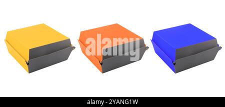 Closed three blank disposable paper burger box isolated on white background Stock Photo
