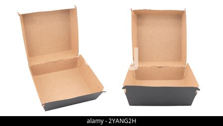 Two Open empty brown paper burger box isolated on white background. Stock Photo