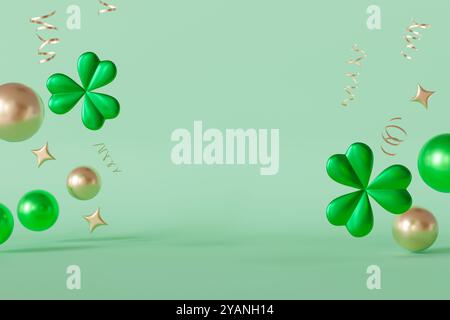 St. Patrick's Day-themed scene featuring green shamrocks, golden and green spheres and gold stars on light green background. Ample copy space, ideal Stock Photo