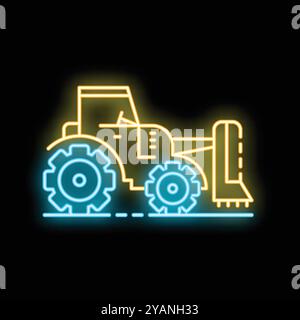 Yellow and blue neon icon of a bulldozer moving earth on a black background Stock Vector