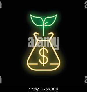 Neon sign illustrating the concept of investment growth with a plant growing from a bag of money Stock Vector