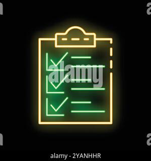 Glowing neon clipboard showing check marks on a black background Stock Vector