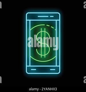 Neon glowing icon of a mobile phone showing dollar currency symbol on screen Stock Vector